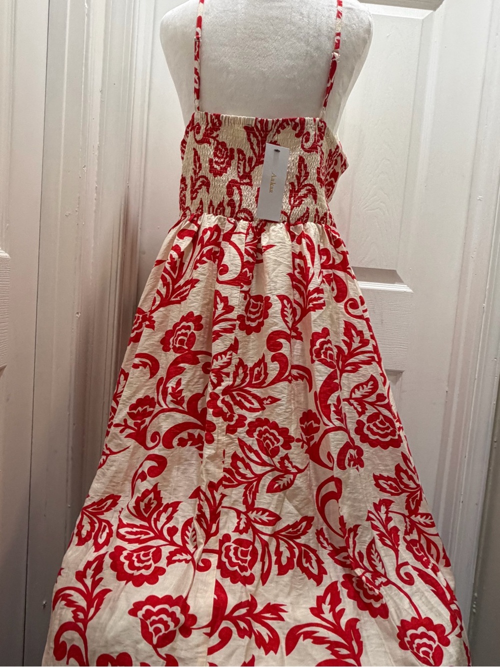Aakaa Red Floral Shirred Cream Maxi Dress - Picture 3 of 5